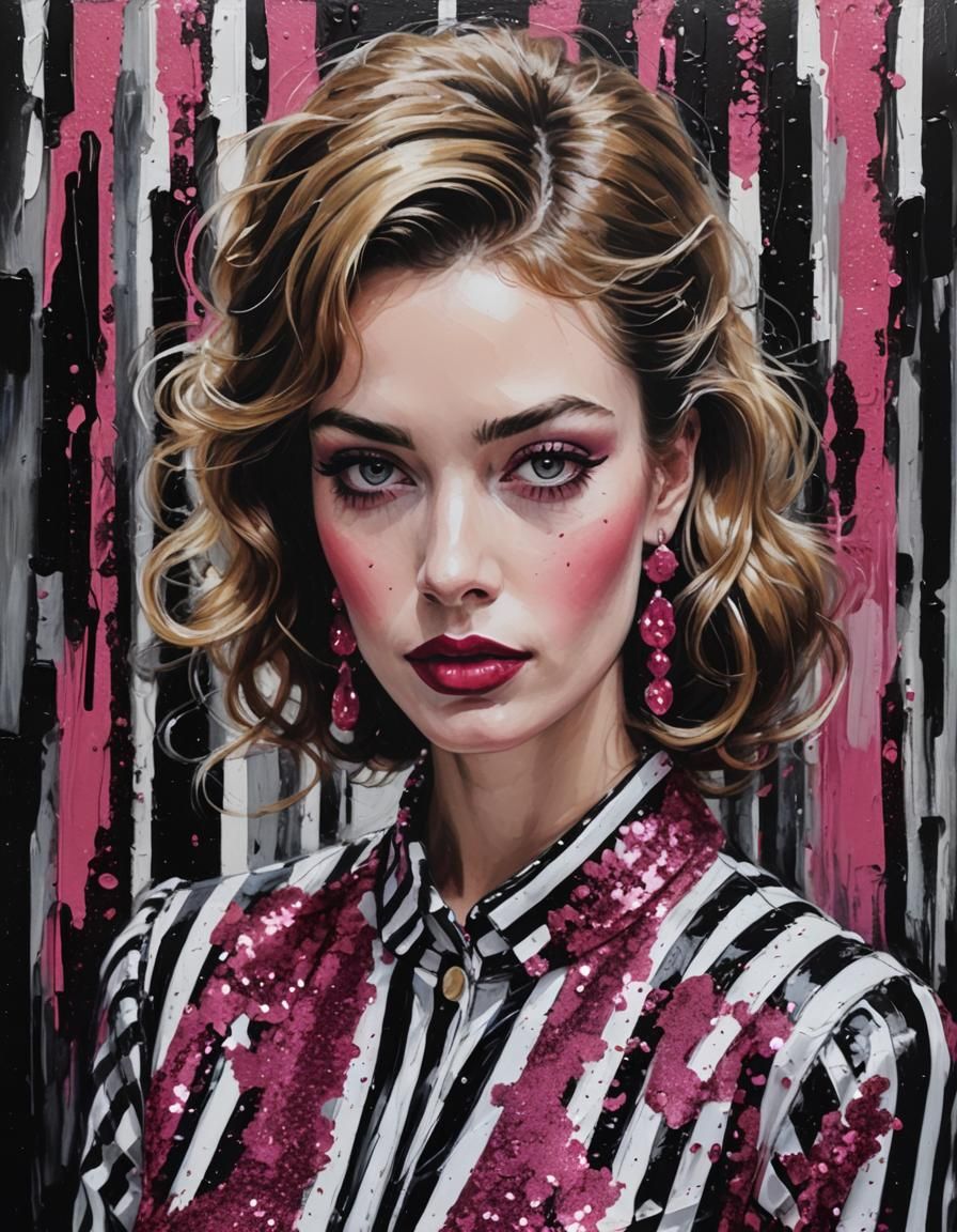 black and white stripes glamorous  dark pink glitter shiny f...