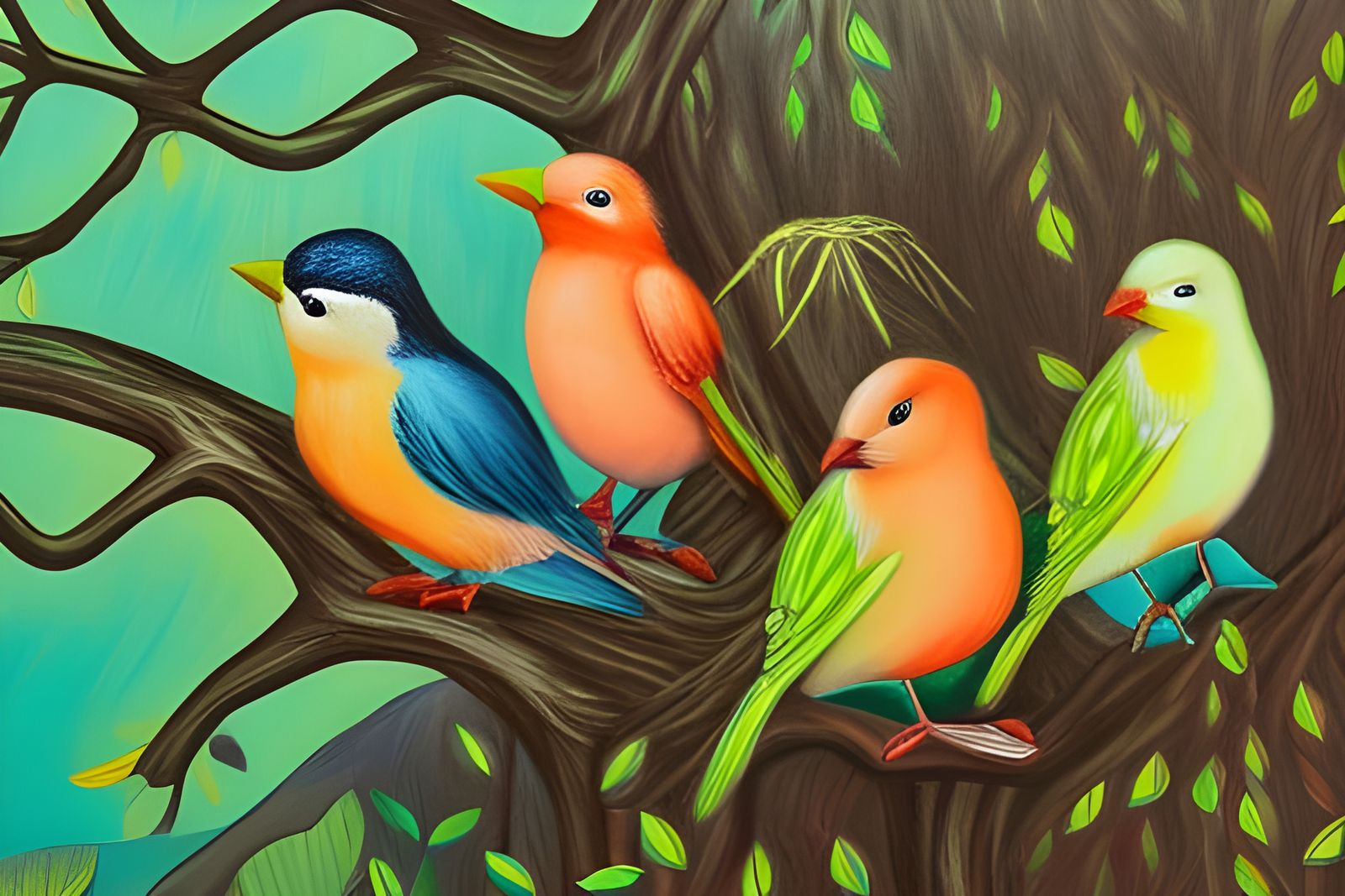 a group of birds sitting on top of a tree branch, painting c...