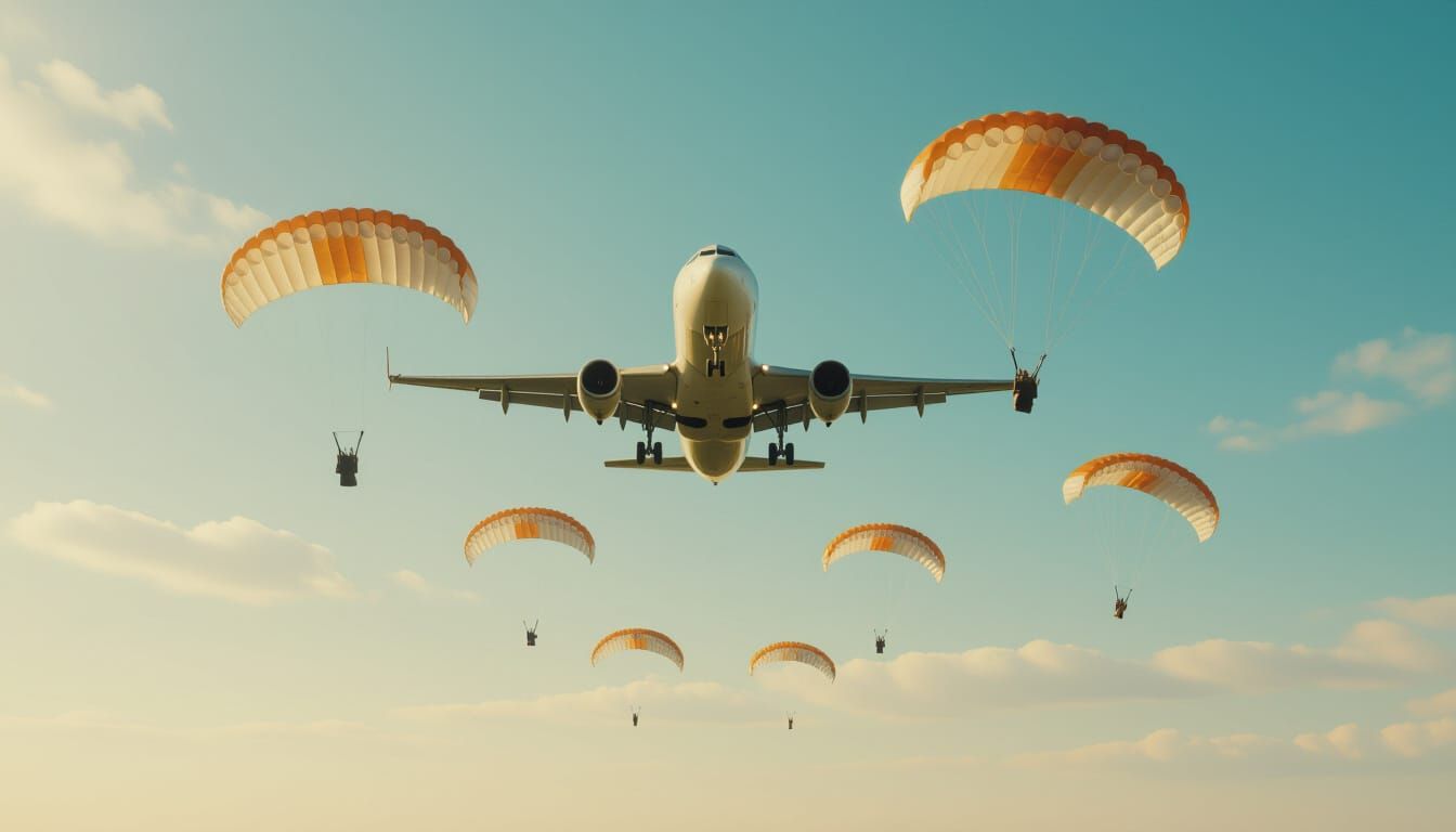 Dramatic Airplane Scene With Multiple Parachutes Deployed