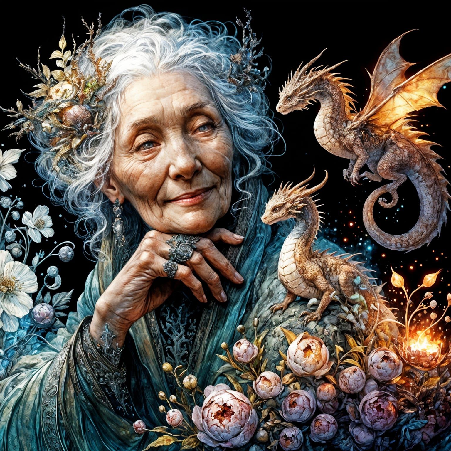 And she shall be named Lillabet.  As gentle as her smile, the world blossoms around her.  Mystic creatures ...  by @PJs AiArt