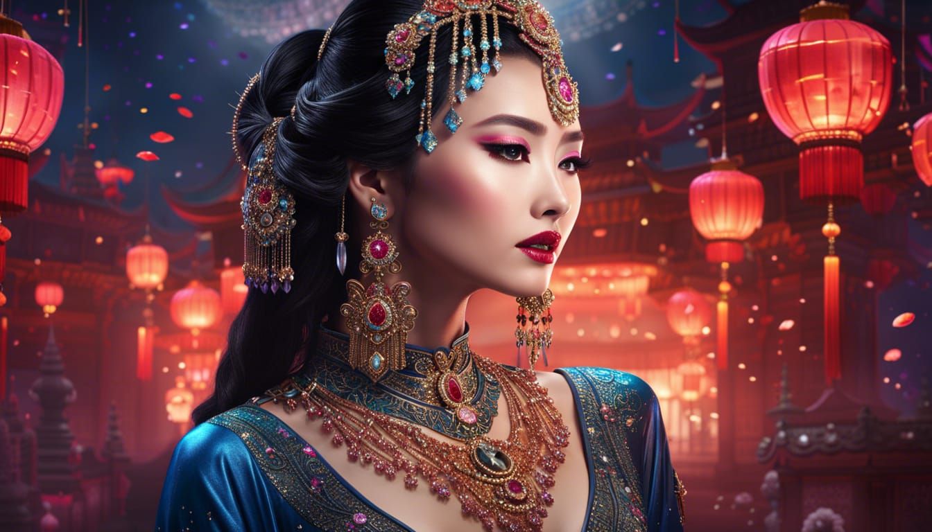 A beautiful Chinese woman of model appearance with bright glitter makeup and diamond jewelry, detailed matte painting, d...