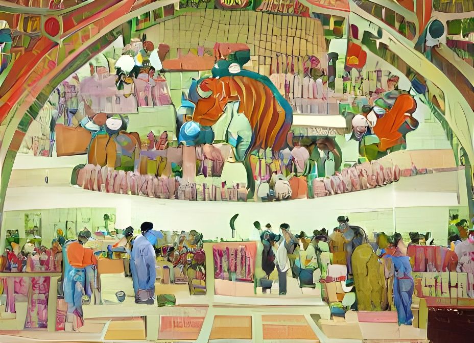 Cattle auction in a bustling shopping mall | Gond art