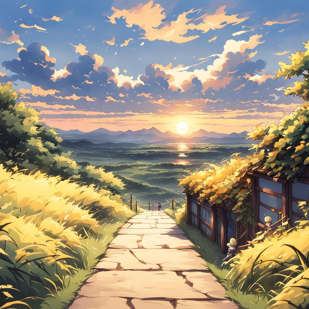 Tranquil Sunset Path Home in Anime Style
