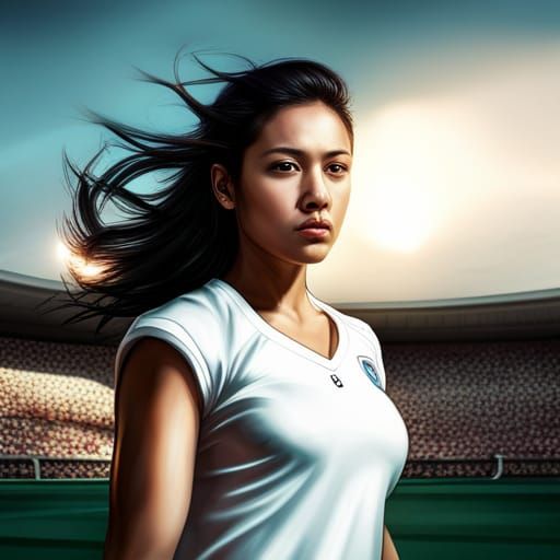 Girl 23 playing football stadium black hair Asian indian bea...
