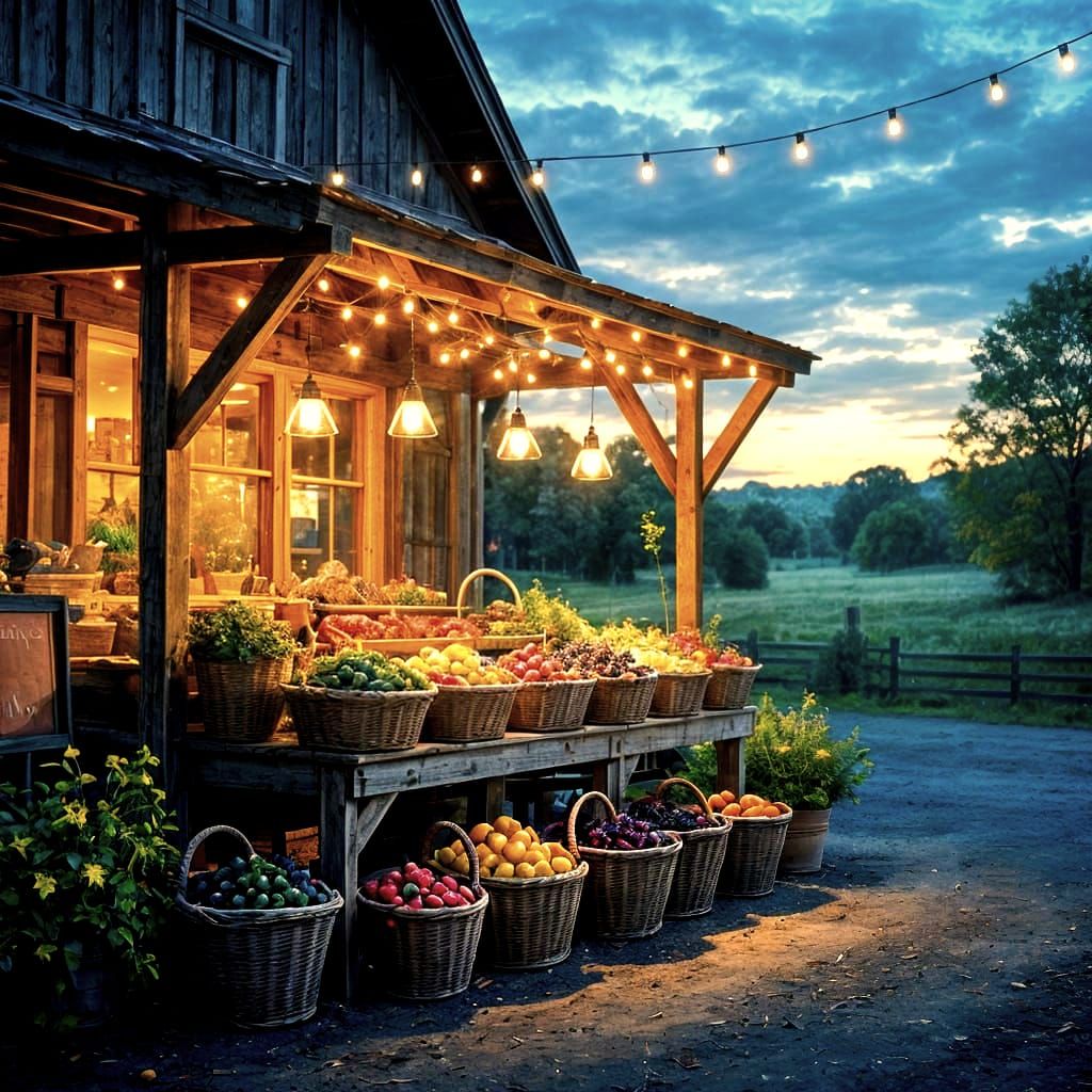A rustic farmstand at dusk, illuminated by strings of lights.  by @Macbeth
