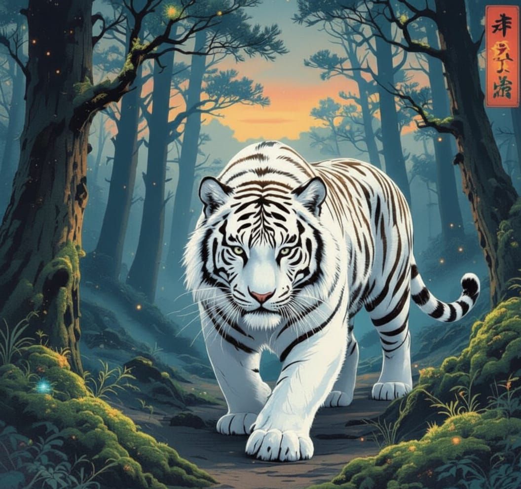 A white tiger prowling through an ancient Japanese forest