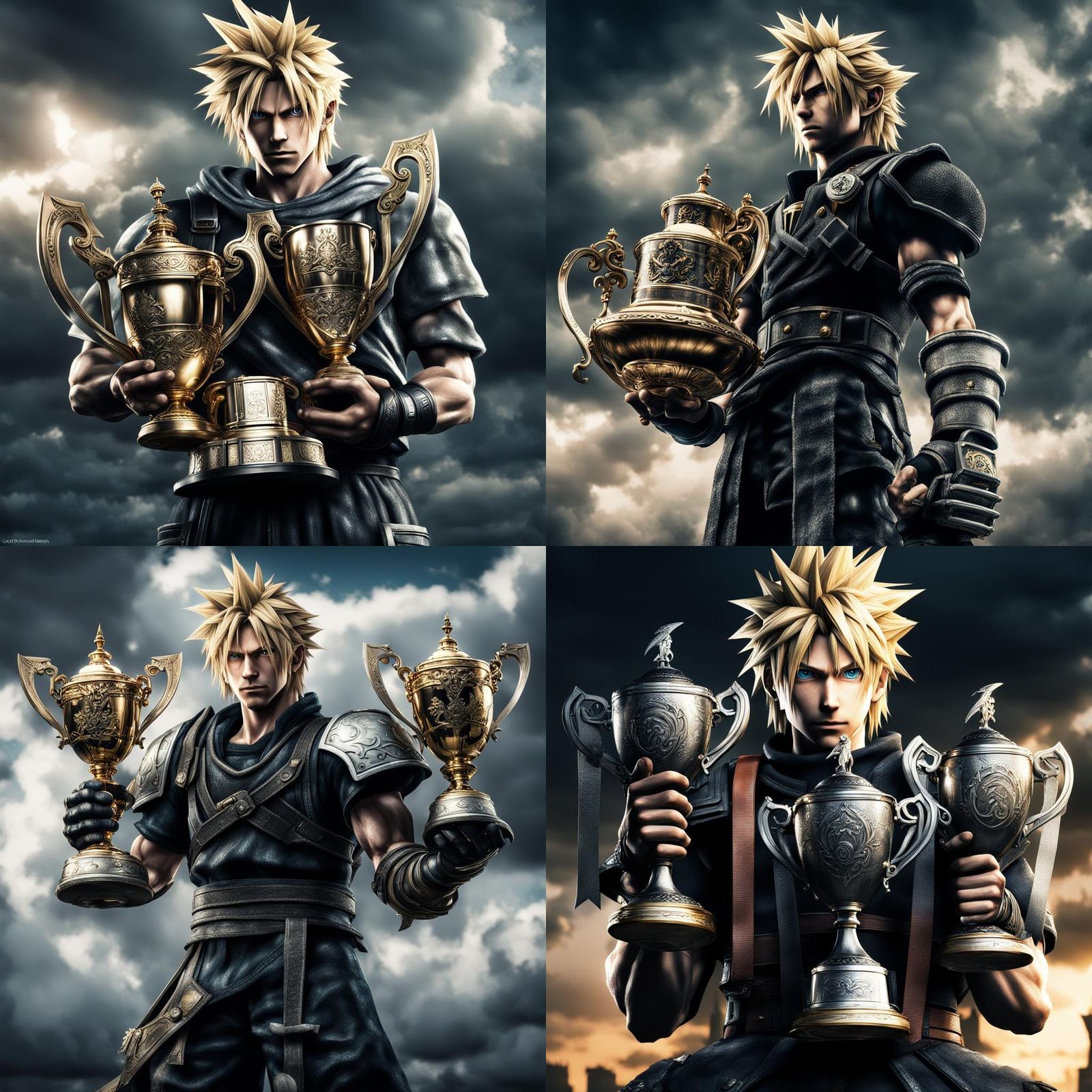 Cloud strife holding 3 championship trophies