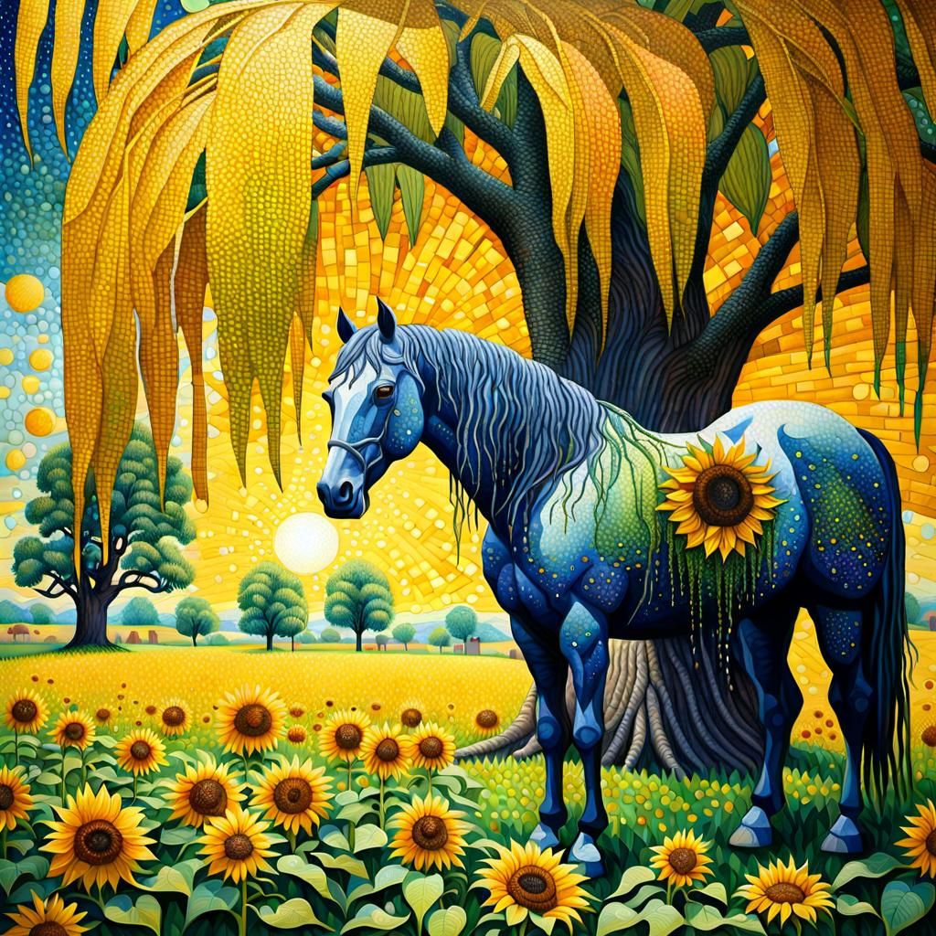 Pointism of Weeping willow sunflowers and horse