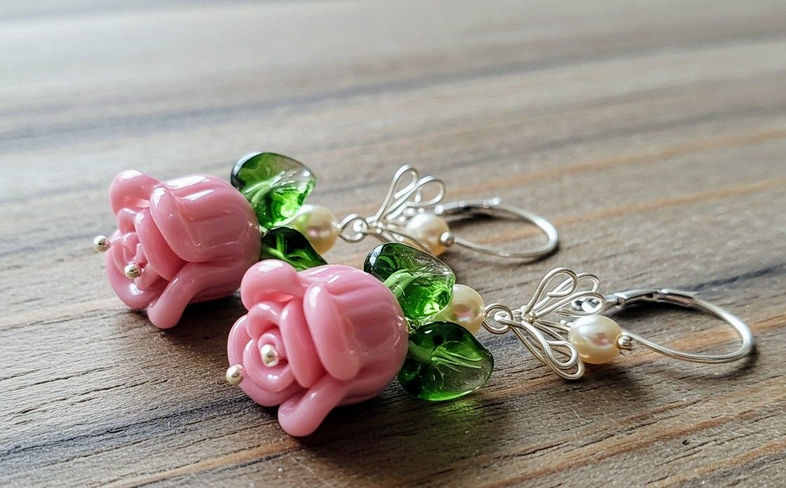 Pink Glasswork Flower Earrings