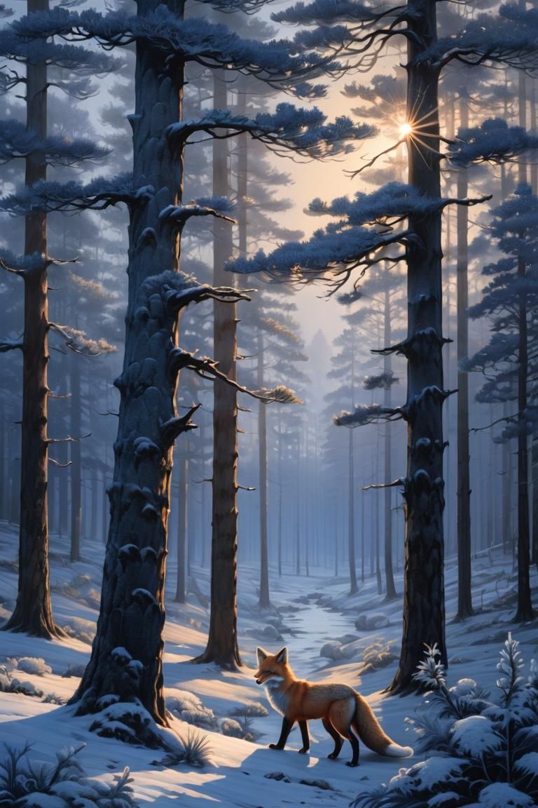 Twilight Sonata: of a quiet, frost-laden pine forest in wint...