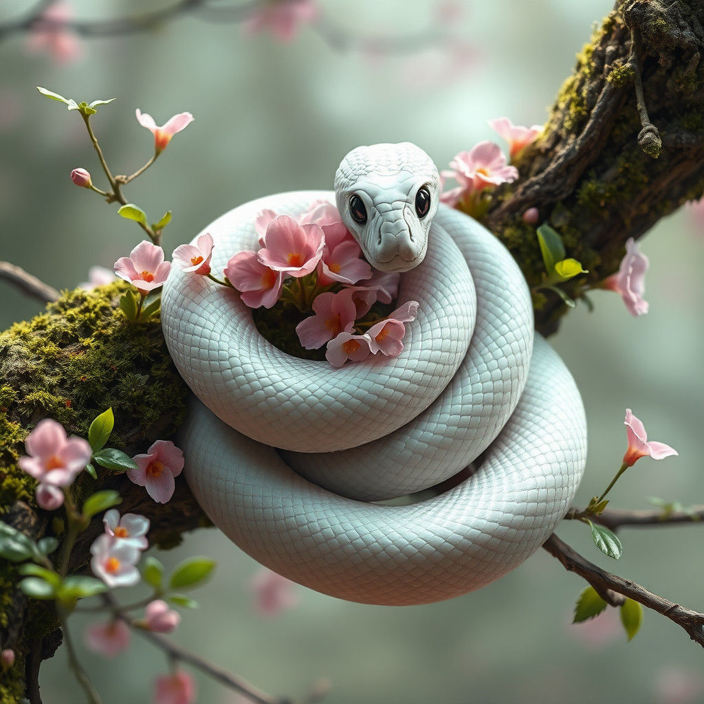 “Create a hyper-realistic scene of a majestic white snake coiled elegantly around a branch, set against ...  by @Chop