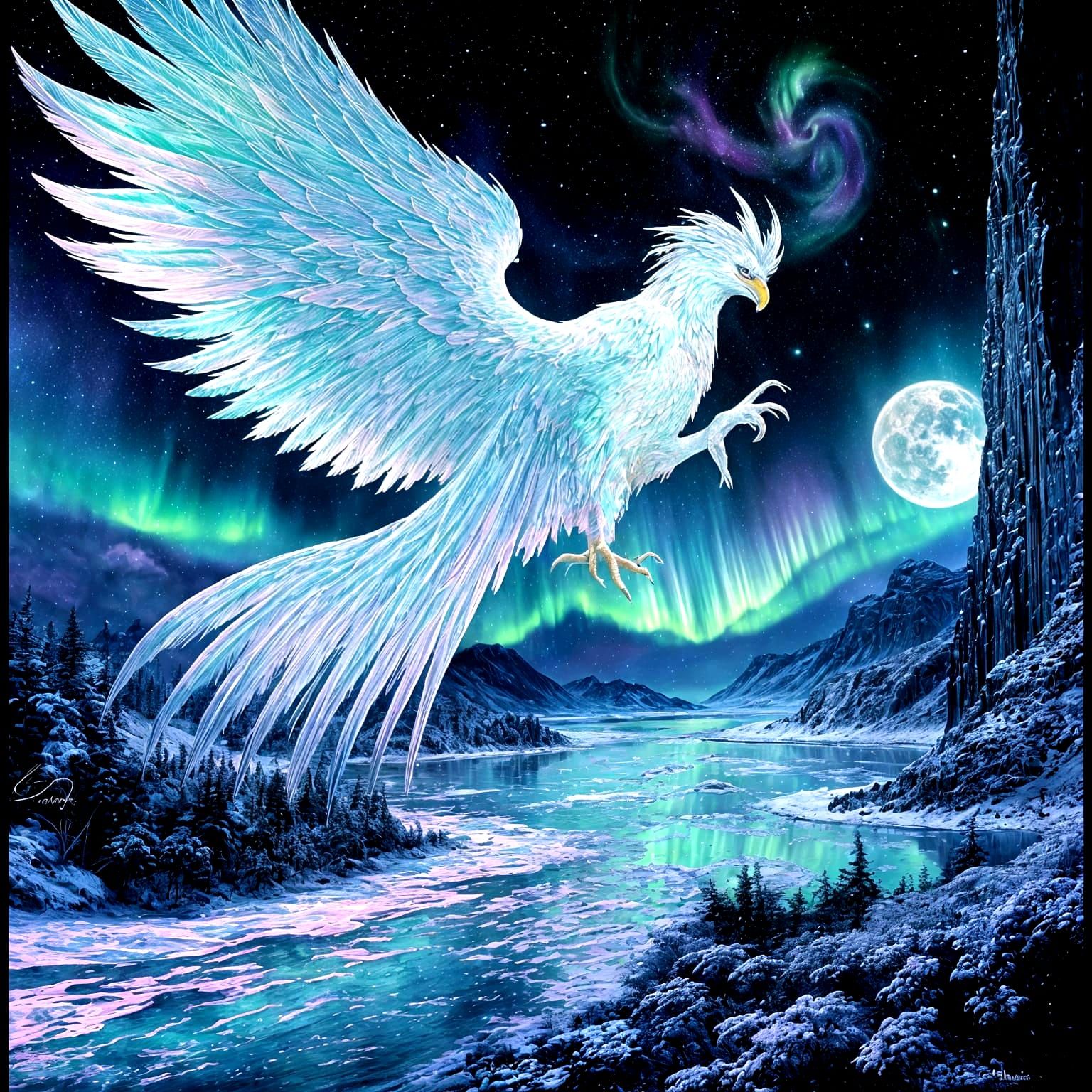 <lora:ColorfulMoodKit flux:1.0> A majestic griffin soaring through aurora borealis-filled sky, its feathers shimmering with cosmic dust. The...