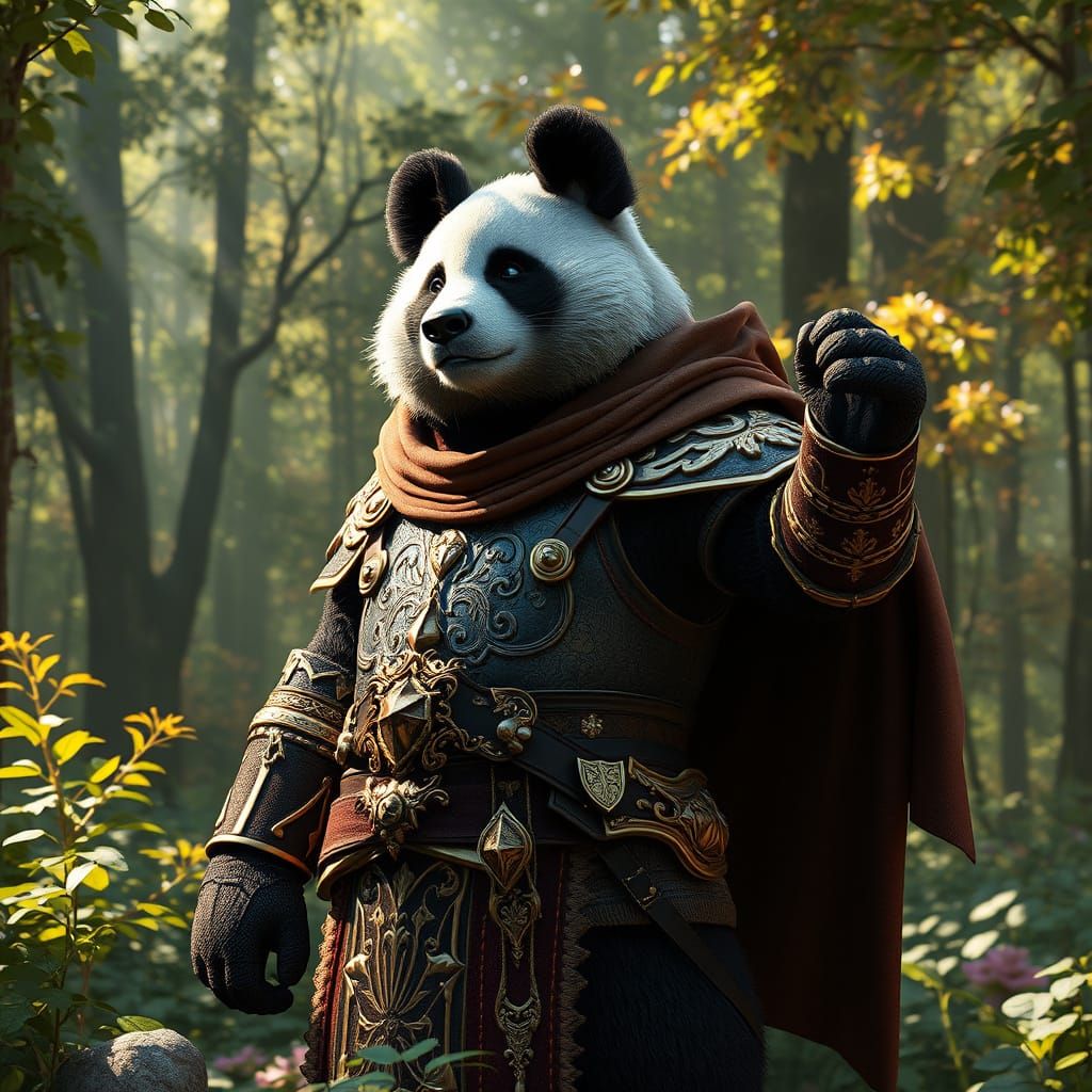 humanoid Panda in knight armor inside a forrest, falcon on shoulder sword in hand