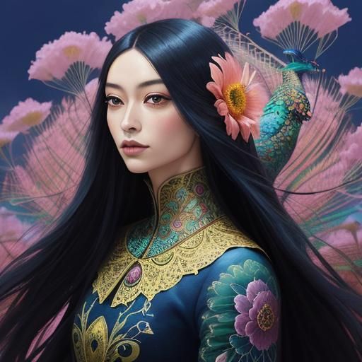 Beautiful dragon peacock woman with dark brown skin, long ha...