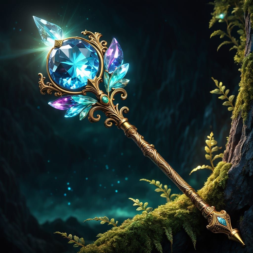 Luxurious Dark Fairytale Magic Wand Scene in Jewel-Toned Ele...