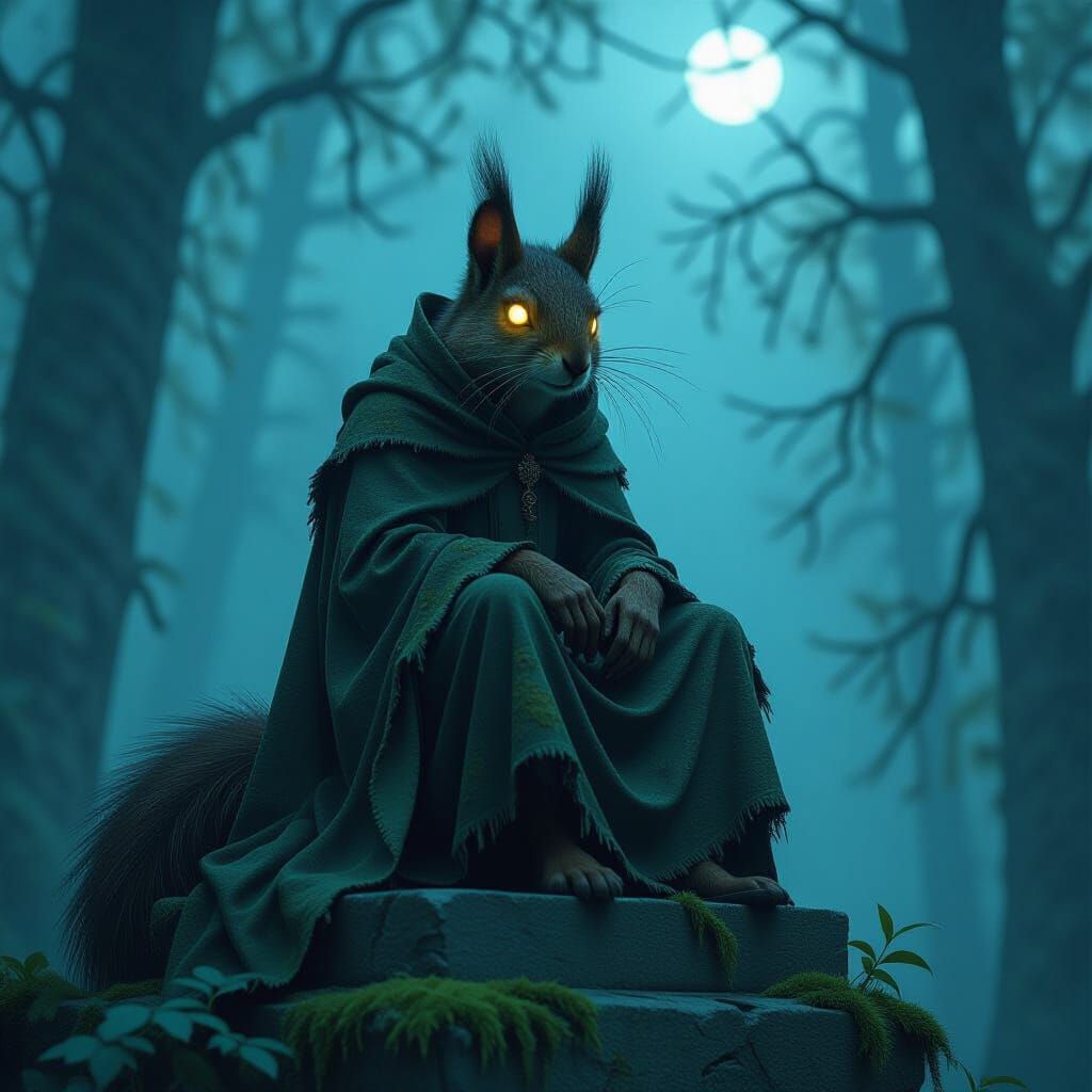 A lone, ancient squirrel with glowing eyes sits atop a moss-covered, crumbling statue of a forgotten god. The setting is a dense, mist-shrou...