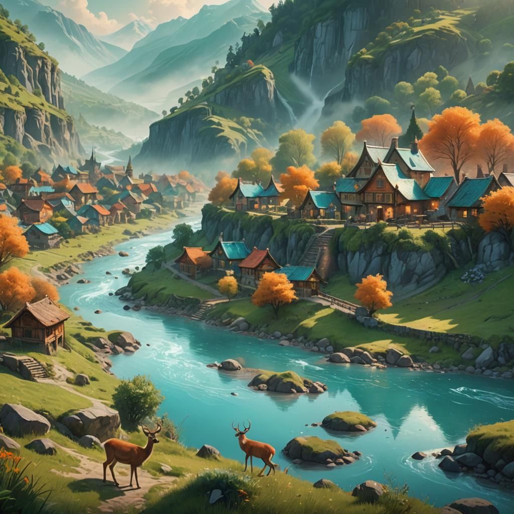Riverside Village with Deer: Fantasy Matte Painting