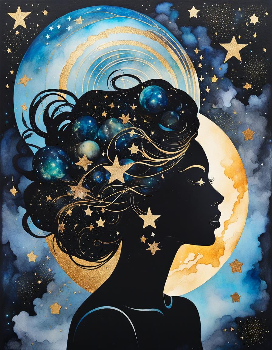 Ethereal Woman Silhouette with Space Hair in Kintsugi Style