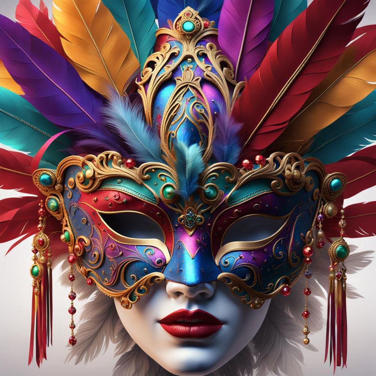 An intricately detailed and colorful masquerade mask with jewels ...