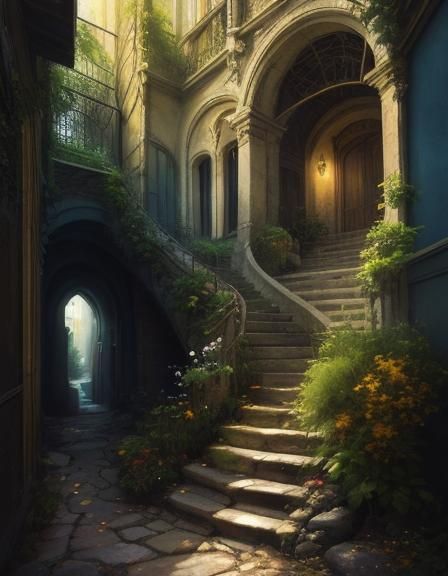 a painting of a stairway leading to a building, atmospheric ...