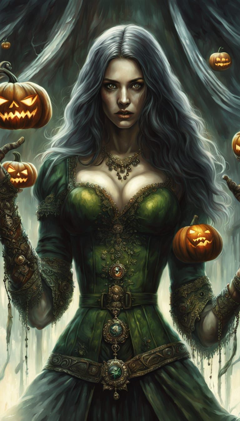  Hyperrealistic, an evil witch with flowing black hair and sharp features, wearing a tattered black gown, stirring a bubbling green cauldron...