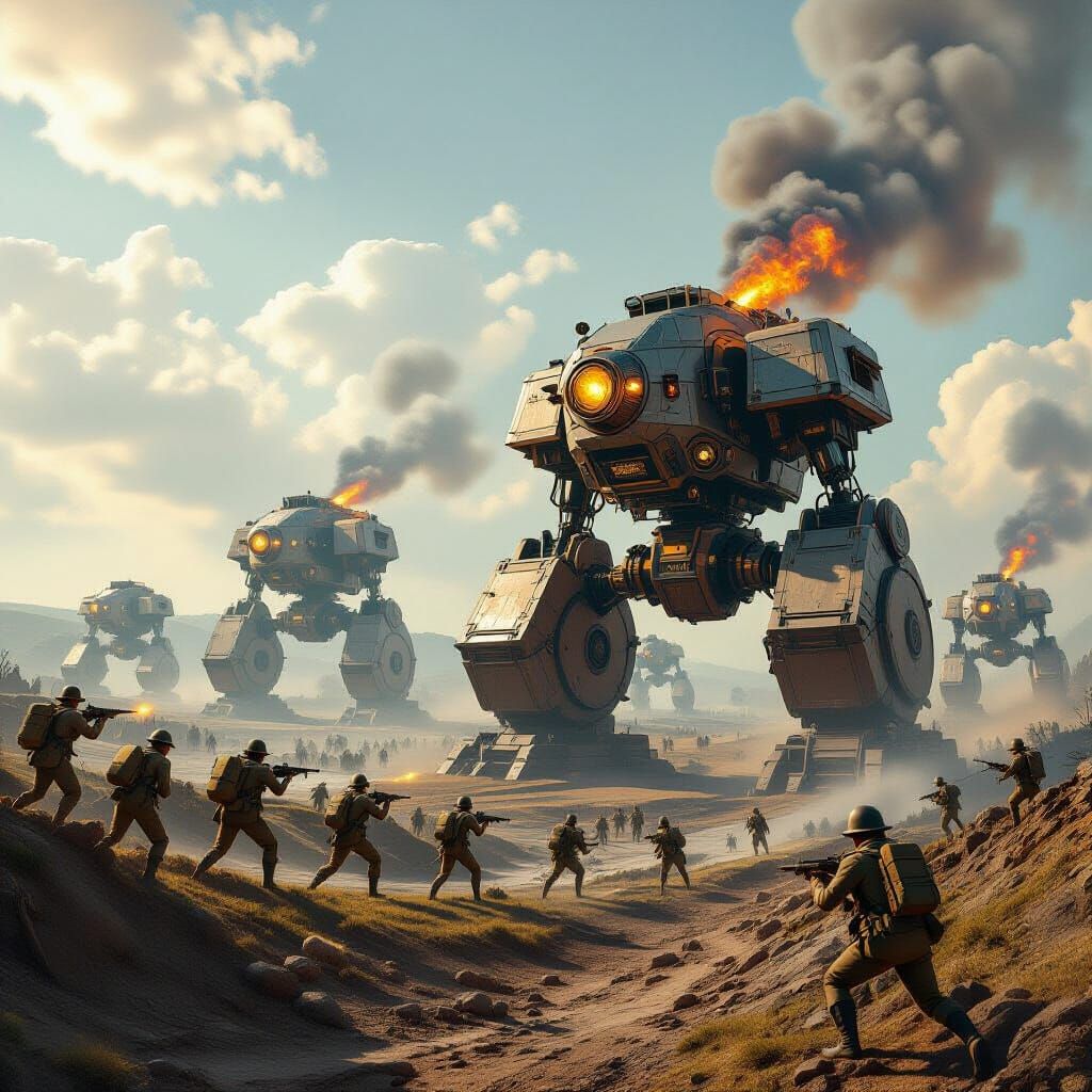 Photograph. A wide shot of a World War I battlefield, but instead of trenches, soldiers fight from inside giant, walking steampunk mechs. Th...