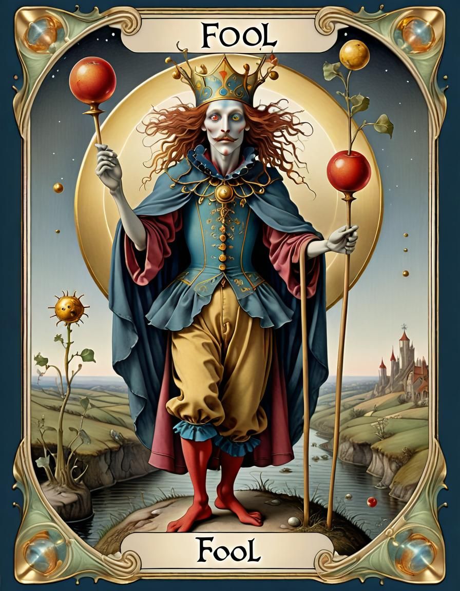 (The Fool:1.5): (Tarot card:1.8): ornate border: hyper detailed ...