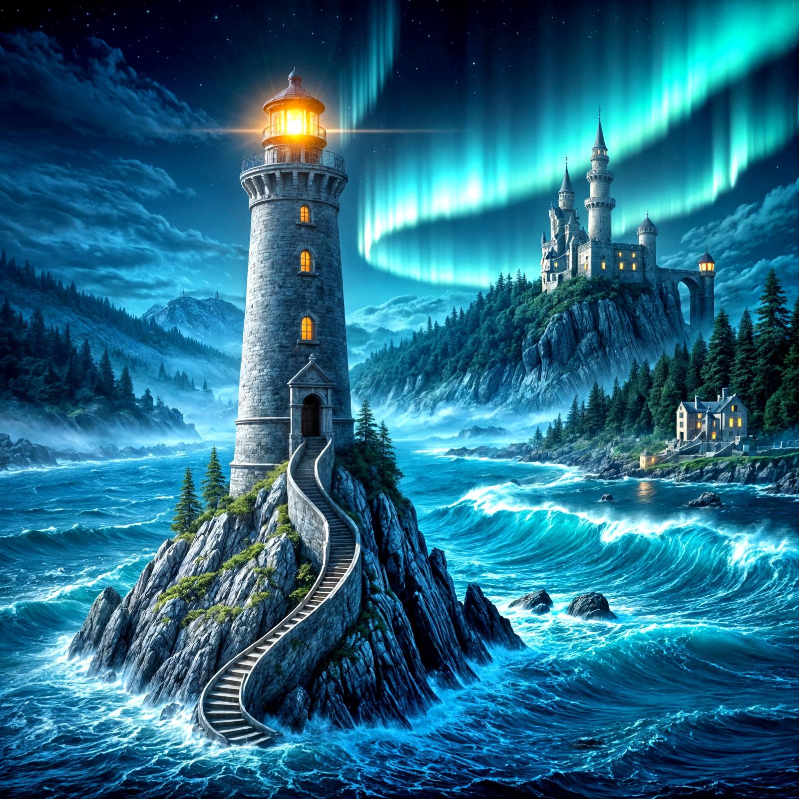 A highly detailed and complex digital painting, depicting a majestic stone lighthouse rising from a jagged ...  by @Leonor Gewo Fini