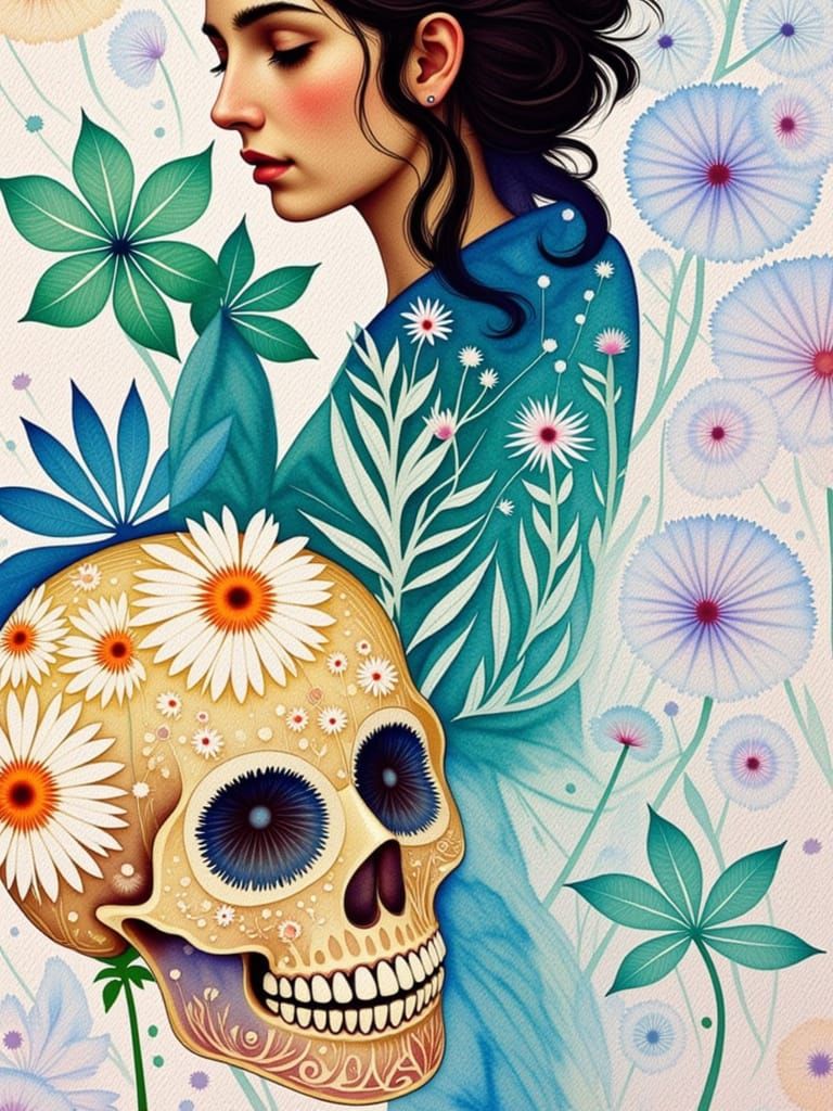 <lora:Watercolor:1.0>  profile portrait in a field of flowers