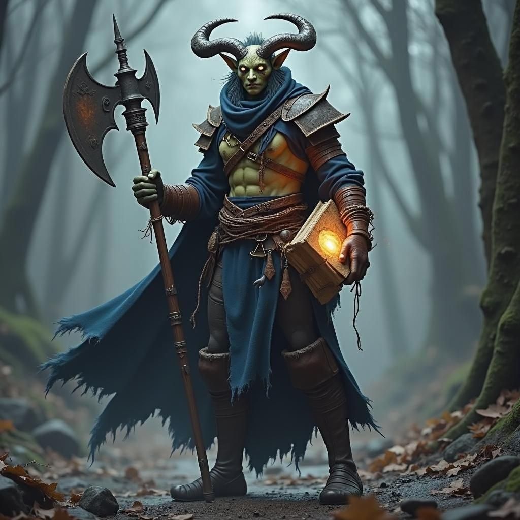 A Male Fetchling welding an axe in one hand and a tome in the other, no horns and black wisps of shadow coming off the exposed skin