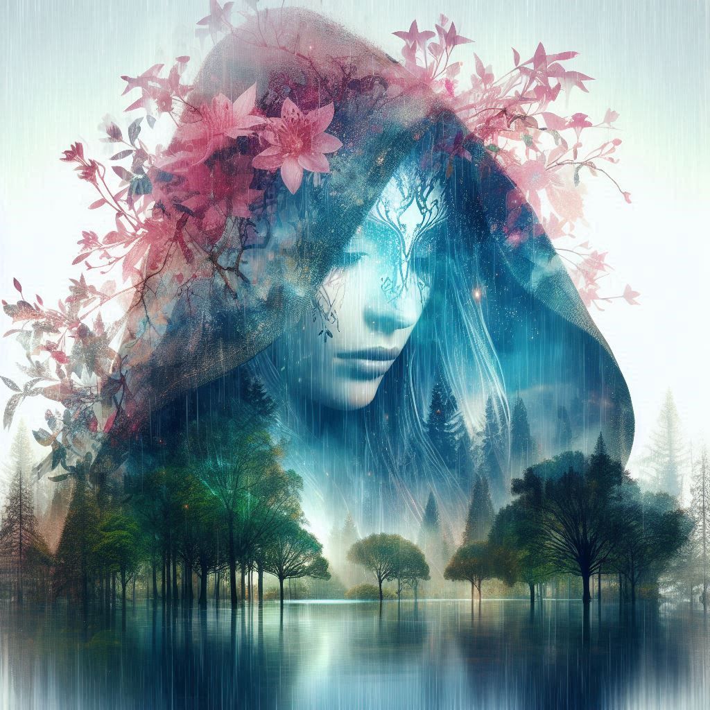 double exposure beautiful fantasy DALL-E 3 portrait landscape..