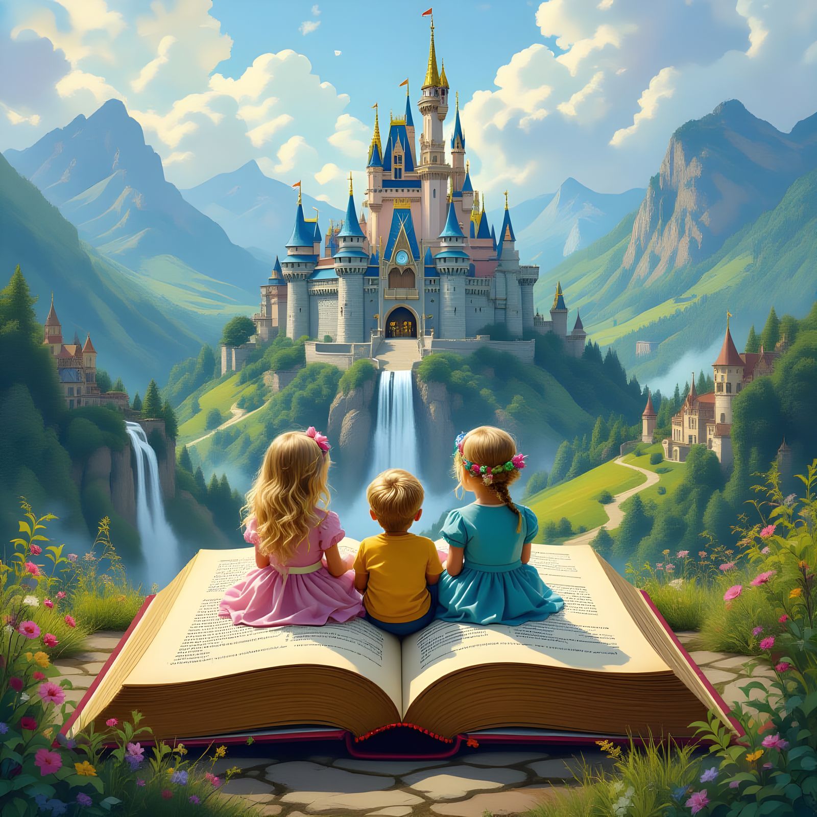 Children in Giant Book in Dreamy Fantasy Landscape