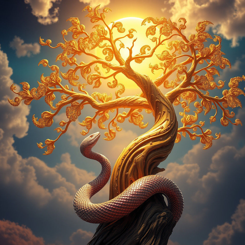 a cute serpent wraps around a beautiful gold tree, reaching up to a glowing golden sun, majestic, cute, ...  by @Millie13