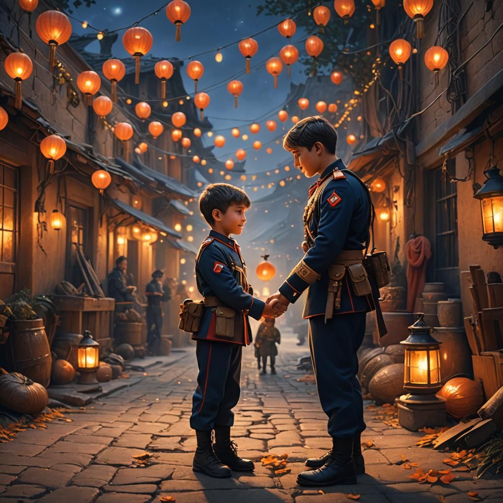 Soldier Helping Boy: Matte Painting in Golden Light