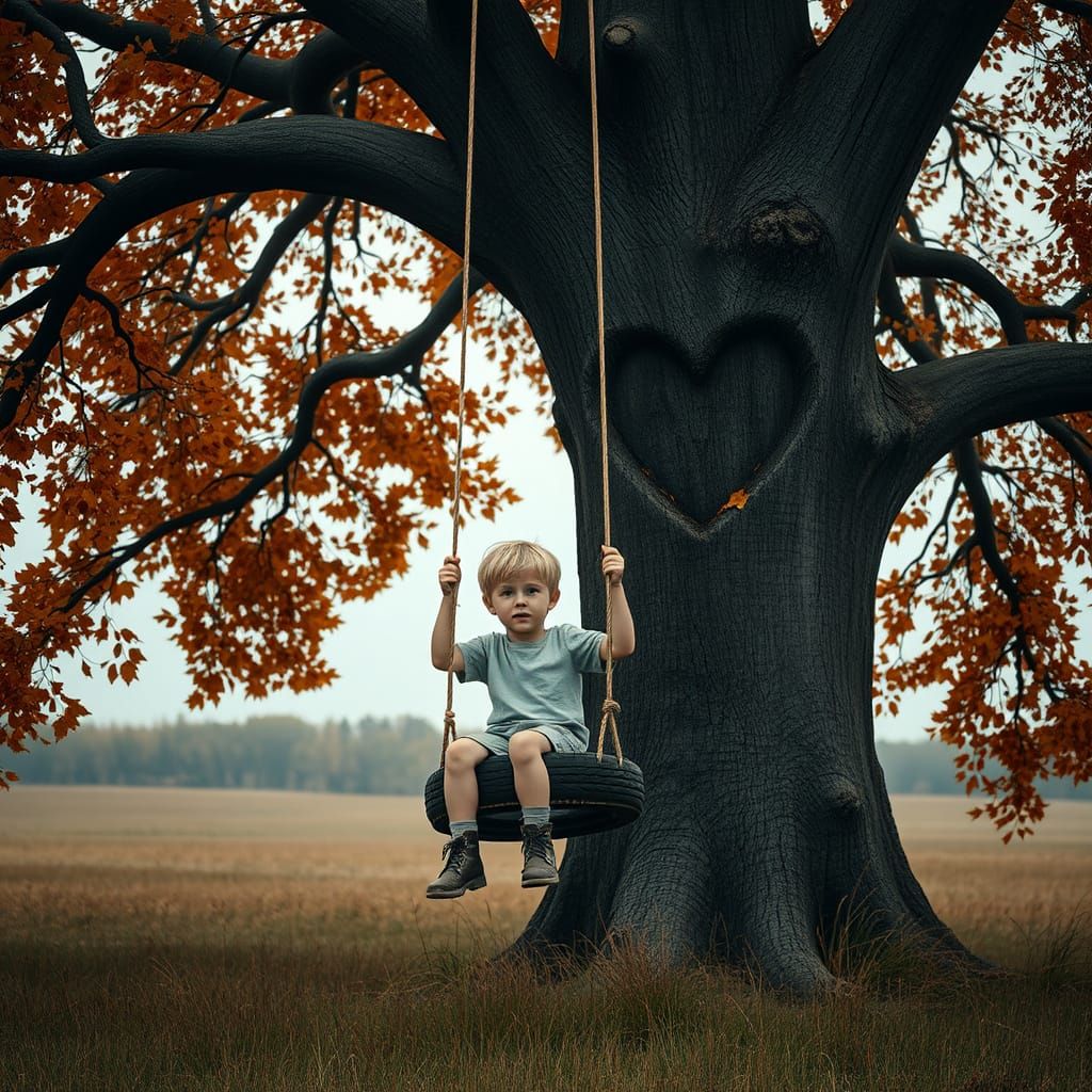 Boy on Tire Swing in Autumn Landscape