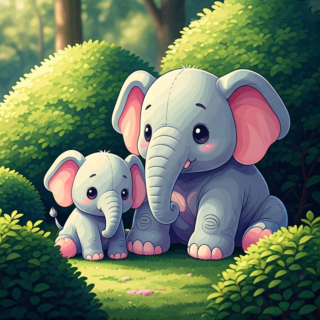 Cute Plushie Elephant Father and Son Sit Among Greenery in A...