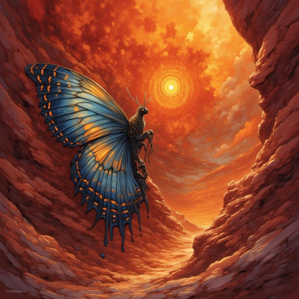 A colorful painted butterfly on a red rock desert cliff face <lora:Inkafae:1.0>