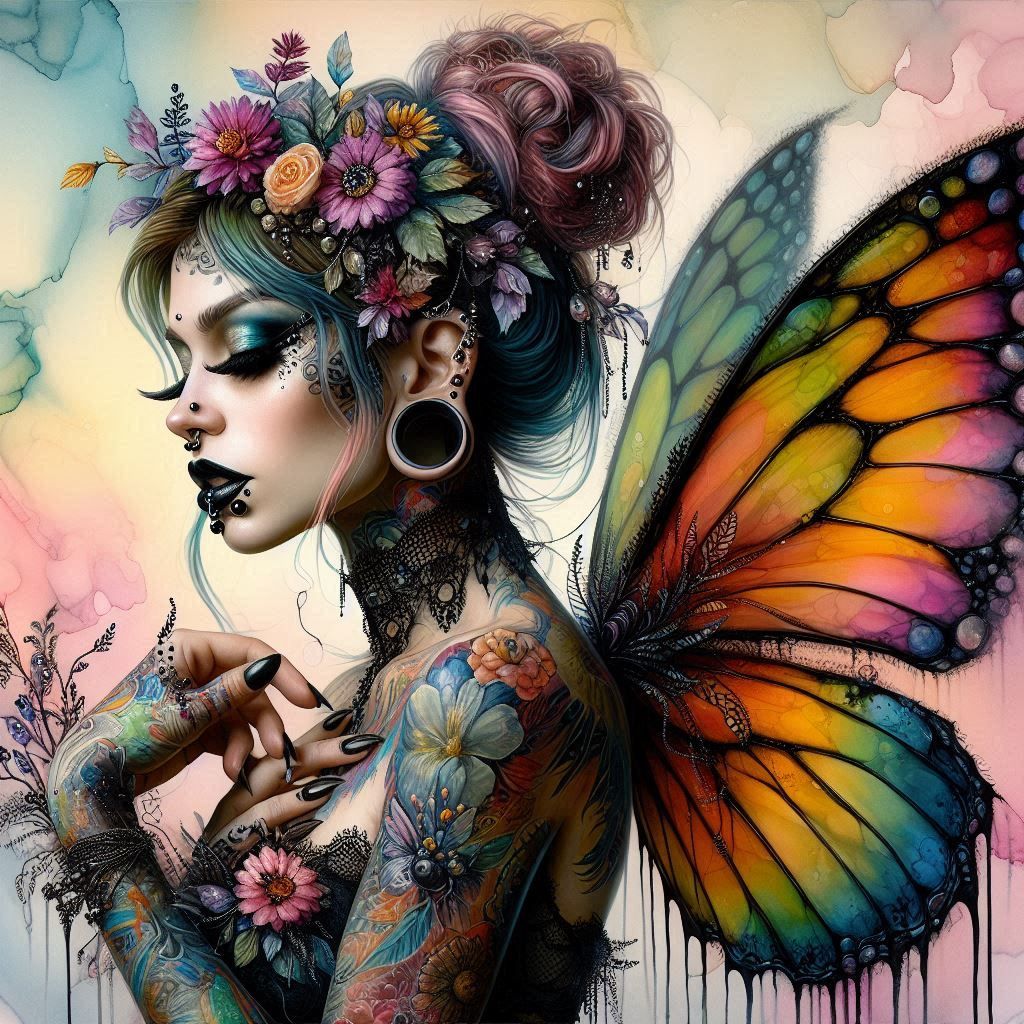 A gothic fairy with colorful wings, gothic make-up, piercing in nose and ear, flowers in her hair