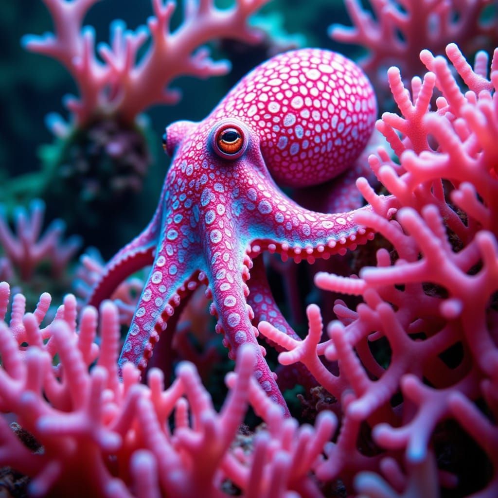 Spectacular underwater photograph of the perfect mimicry situation of a pink camouflage octopus in a lush underwater world with pink sea ane...