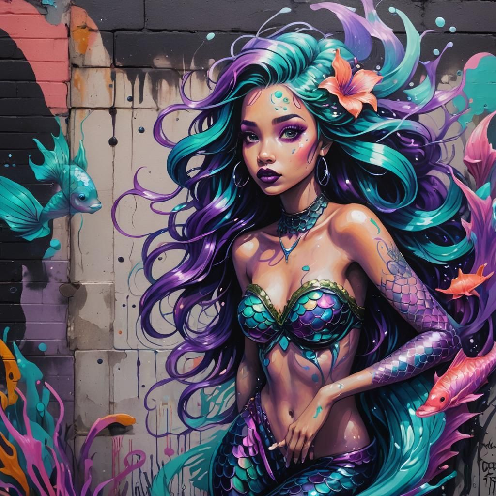A stunningly beautiful mermaid with turquoise hair, glowing violet eyes, black lipsticked mouth, fins are iridescent pink purple blue.  She...