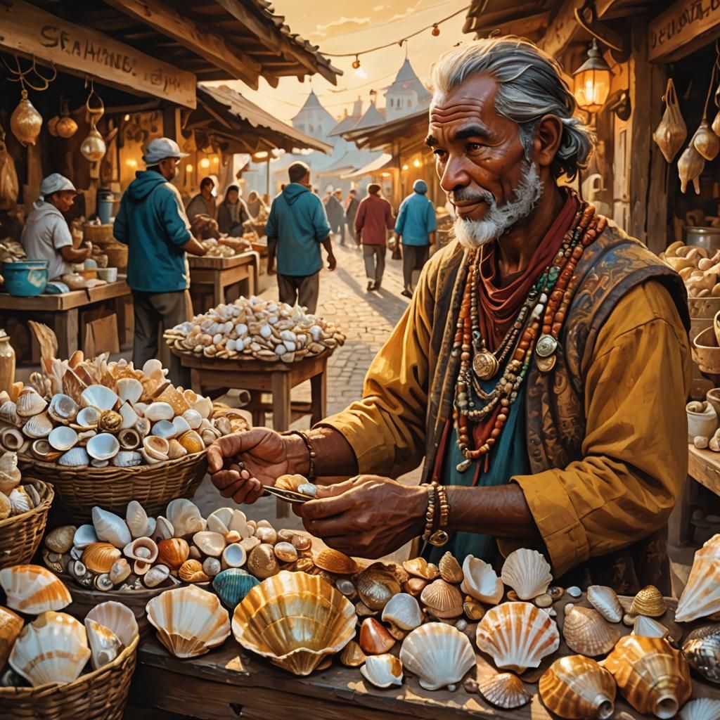 A portrait of a Tabaxi, (cat) humanoid, purchasing sea shells in a busy village setting wearing and over sized hooded cloak.