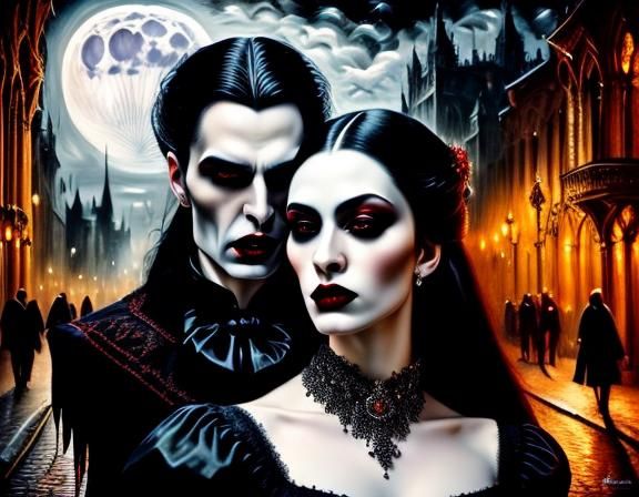 <lora:Dark gothic vampires:1.0> Insanely detailed oil painting close Up portrait of a (beautiful:1.4), gothic vampire couple in the street,...