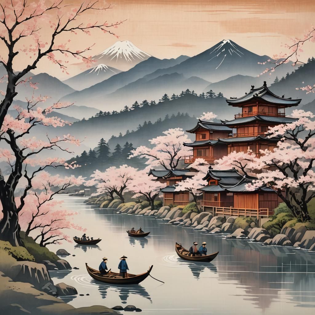 A tronal Japanese Ukiyo-e landscape, with serene mountains in the distance, a flowing river, cherry blossom ...  by @alx
