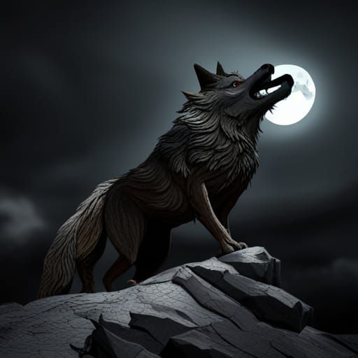 Wolf Howling at Moon in Dark Fantasy Style