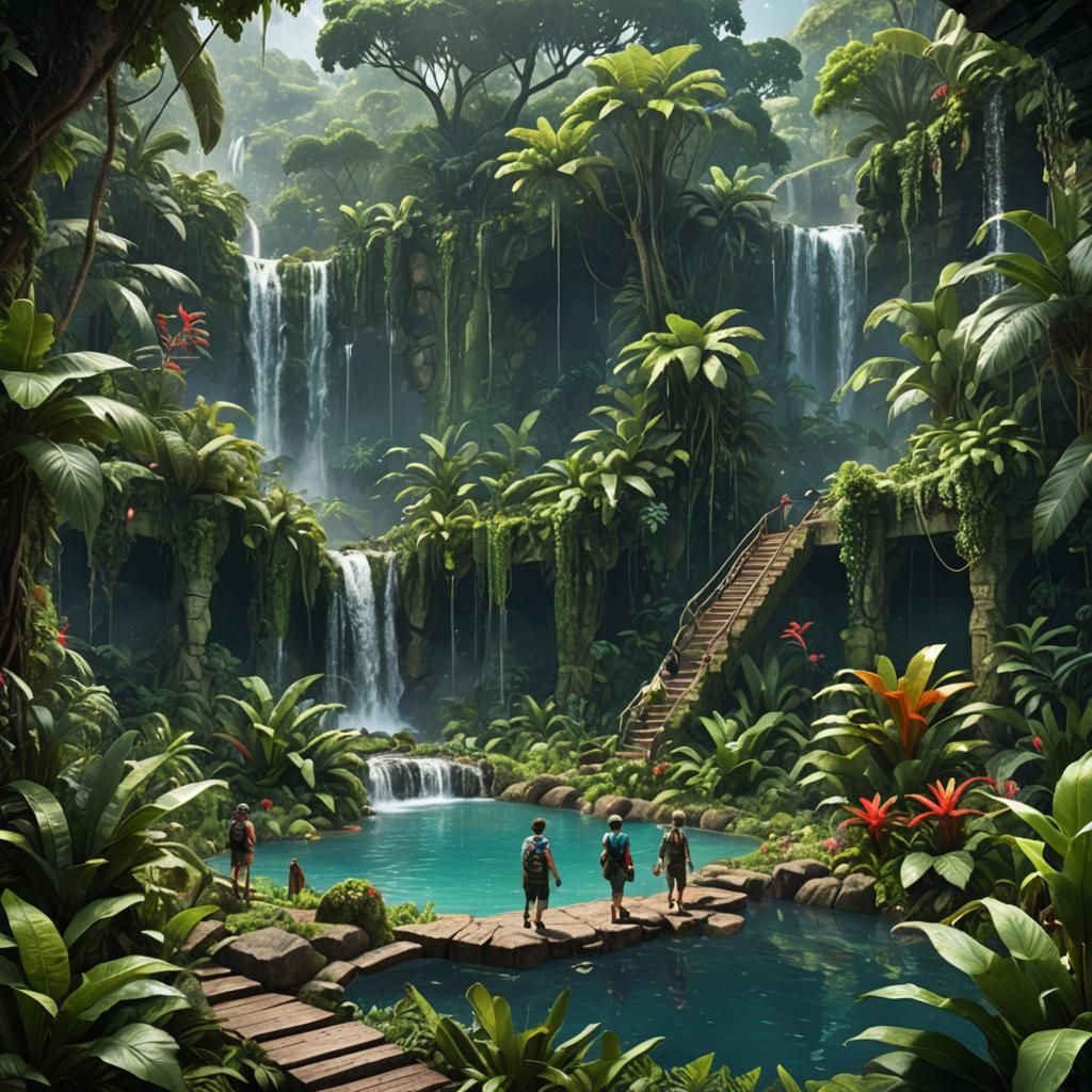 A group of travelers explore a lush, tropical jungle.