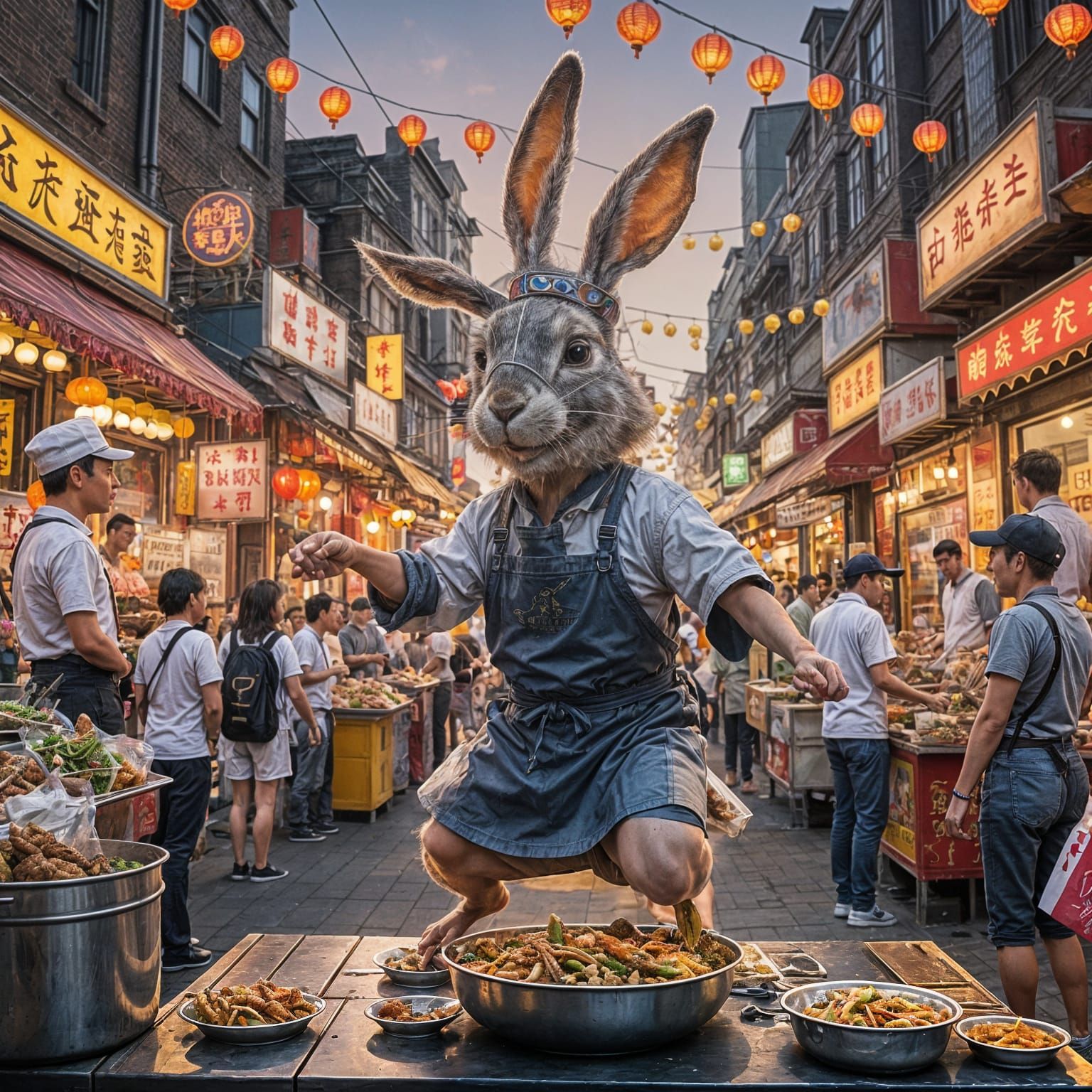 Jumping jackrabbit flash selling Chinese food in an nouveau street fair