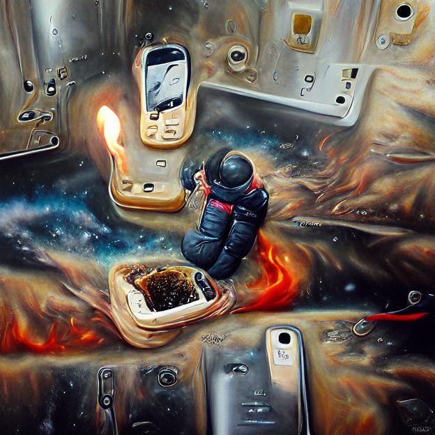 A burning smartphone in space