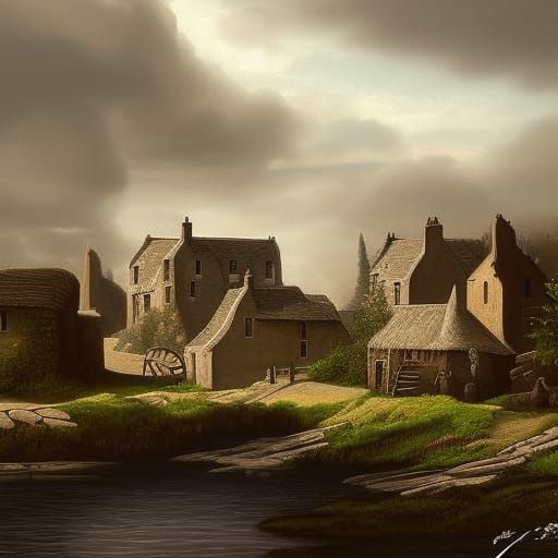 "Realistic painting of an old  Irish village"
