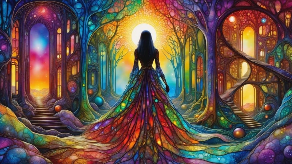 A majestic mother wolf, her fur shimmering with bioluminescent patterns, stands at the edge of an ancient, moss-covered forest. Strange, glo... - Start Image 2