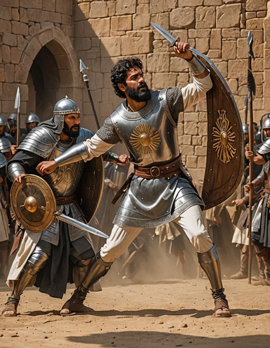defending himsef with a shield